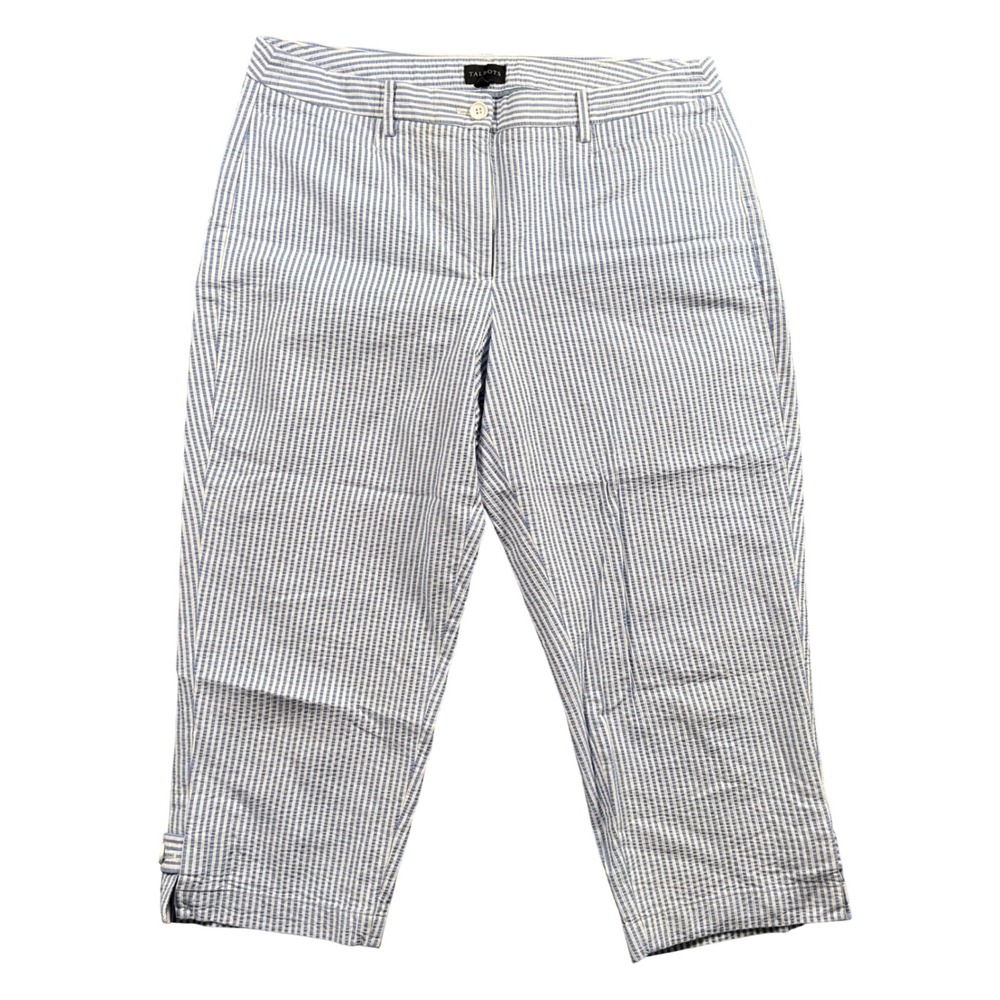 Talbots Seersucker Crop Pants Womens 14 Blue White Coastal Preppy Cottagecore